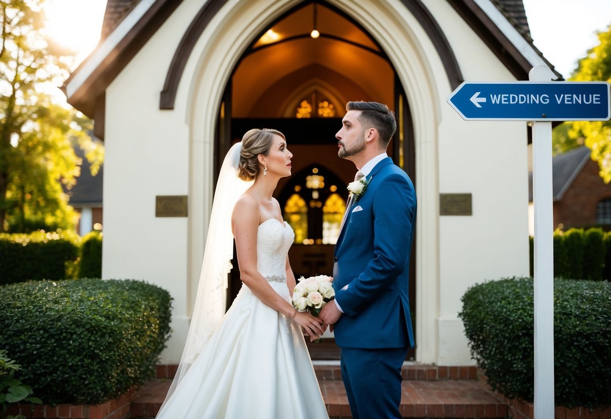 A bride and groom stand at the entrance of a church, contemplating their decision with a questioning look on their faces. The church is bathed in warm sunlight, with a sign pointing towards the wedding venue
