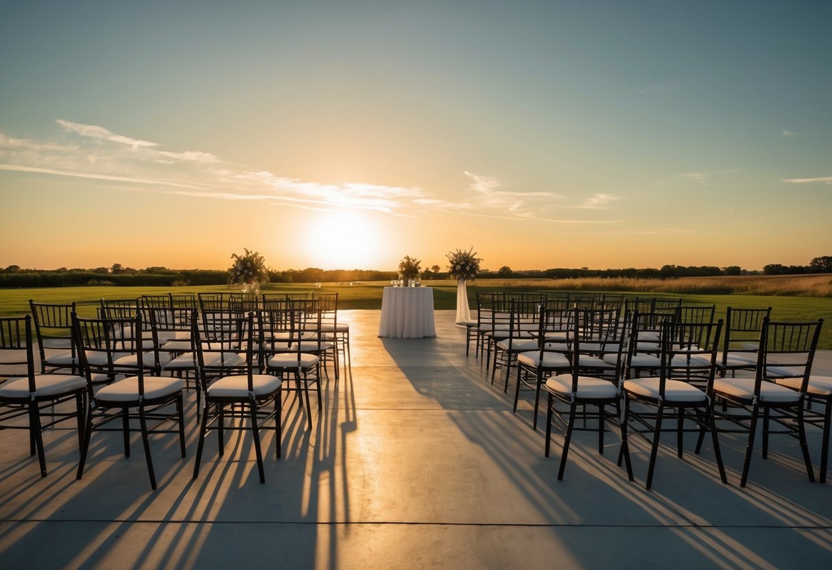 A deserted wedding venue with empty chairs and a setting sun casting long shadows