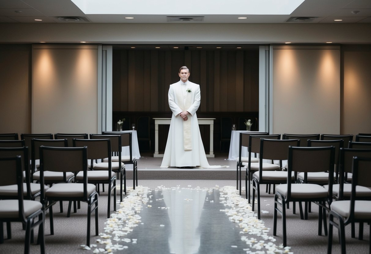 A deserted wedding venue with empty chairs and scattered flower petals. A lone figure stands at the altar, looking uncertain