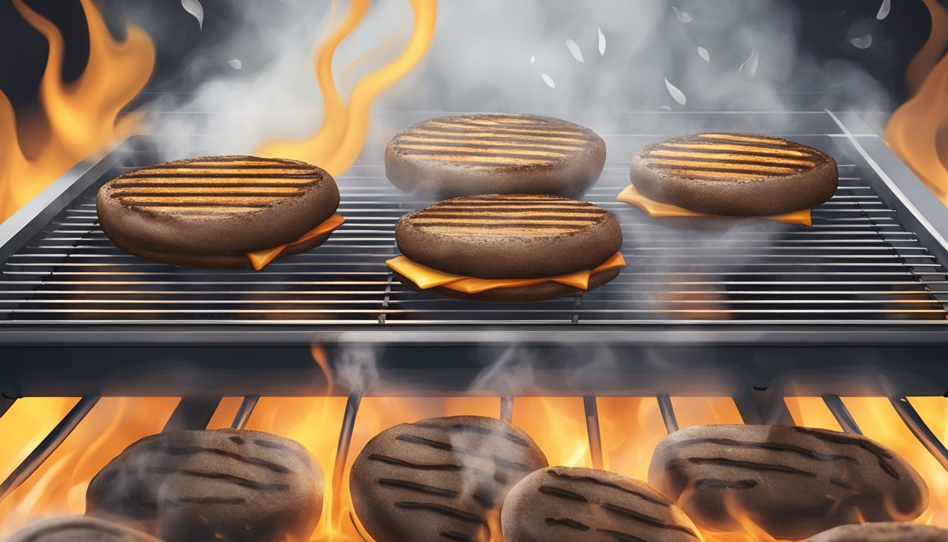 A grill with a few leftover portobello mushroom burgers sitting on the grates, emitting steam as they are being reheated