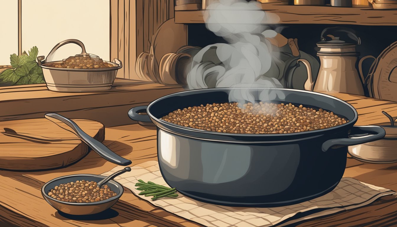 A pot of hoppin john simmering over a wood fire in a rustic kitchen. A vintage cookbook open on the counter, surrounded by old-fashioned cooking utensils