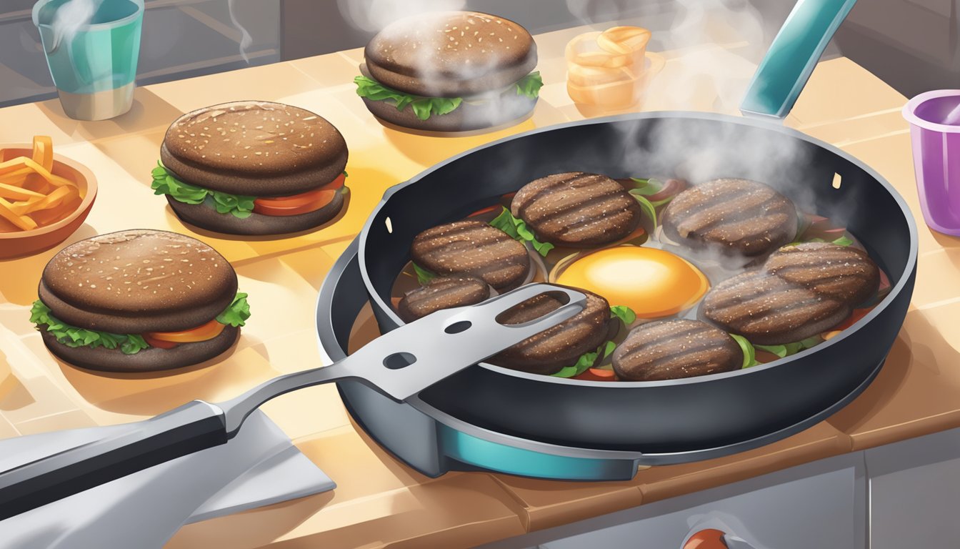 A pan sizzling with reheated portobello mushroom burgers, steam rising, as a spatula flips them over