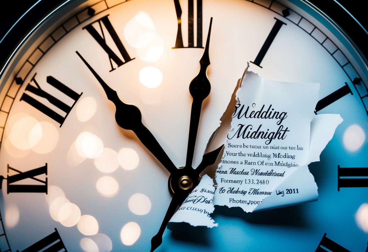 A clock striking midnight, with a wedding invitation torn in half