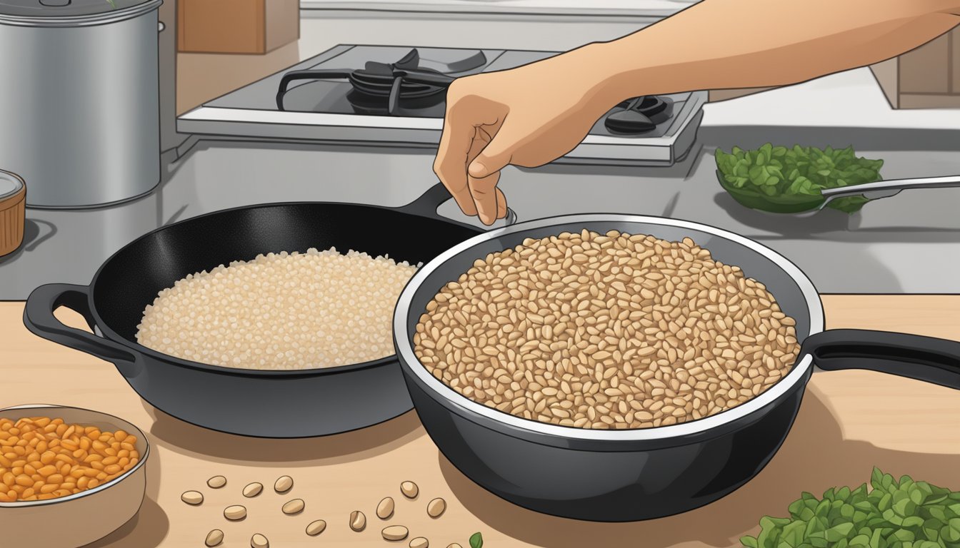 A hand reaching for a can of black-eyed peas, a bag of rice, and a skillet on a kitchen counter