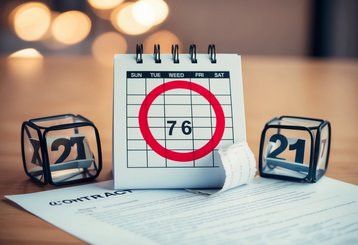 A calendar with a wedding date circled in red, surrounded by crossed out dates and a torn contract