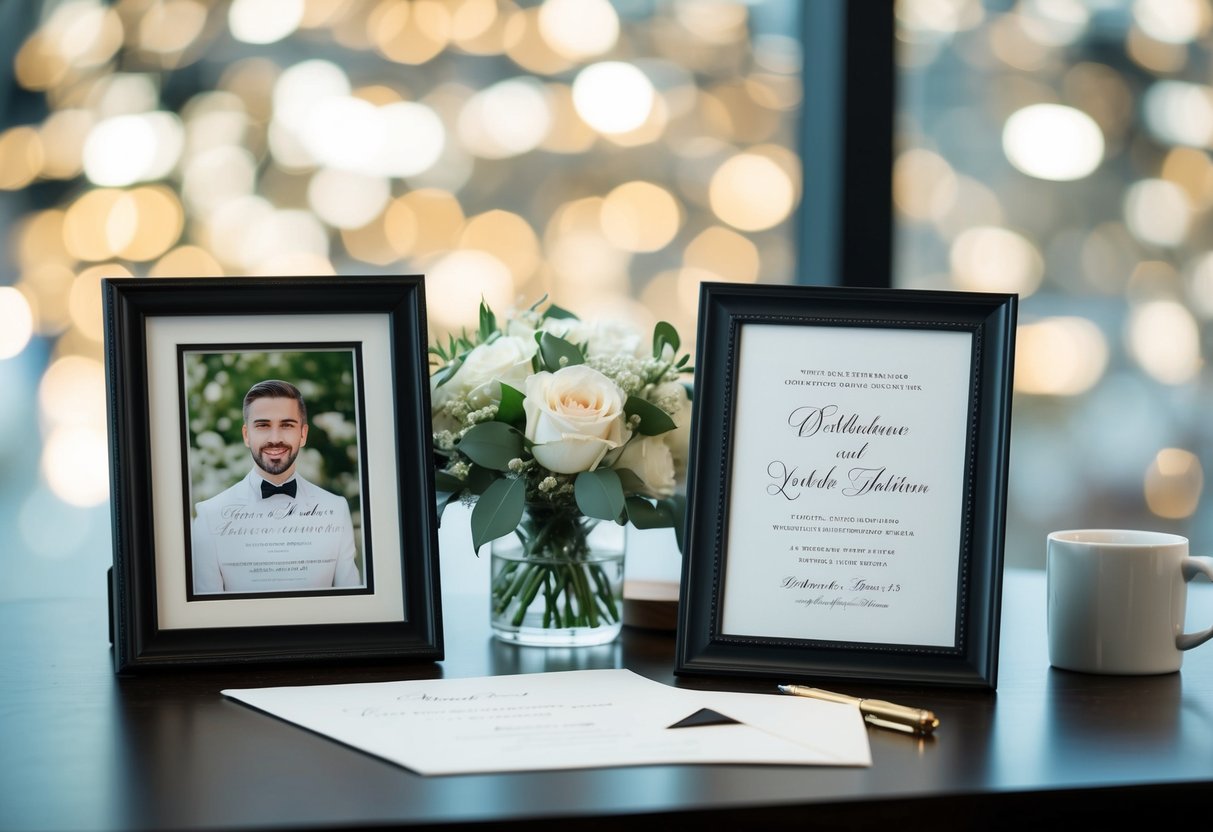 A desk with a wedding invitation, a framed photo, and a thoughtful expression