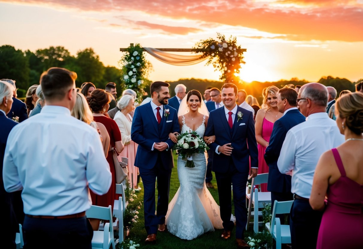 A sunset-lit outdoor wedding ceremony with guests arriving and mingling