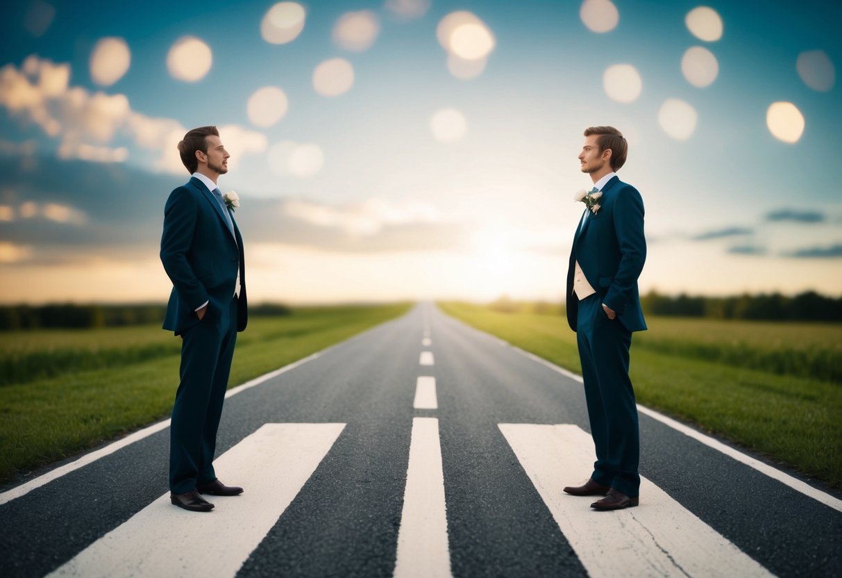 A figure stands at a crossroads, one path leading to a wedding venue and the other stretching into the distance. The figure hesitates, weighing their options
