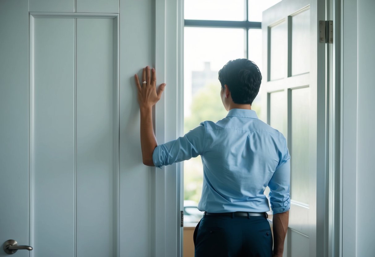 A person standing before a closed office door, hand raised in hesitation. A wedding ring is visible on the finger