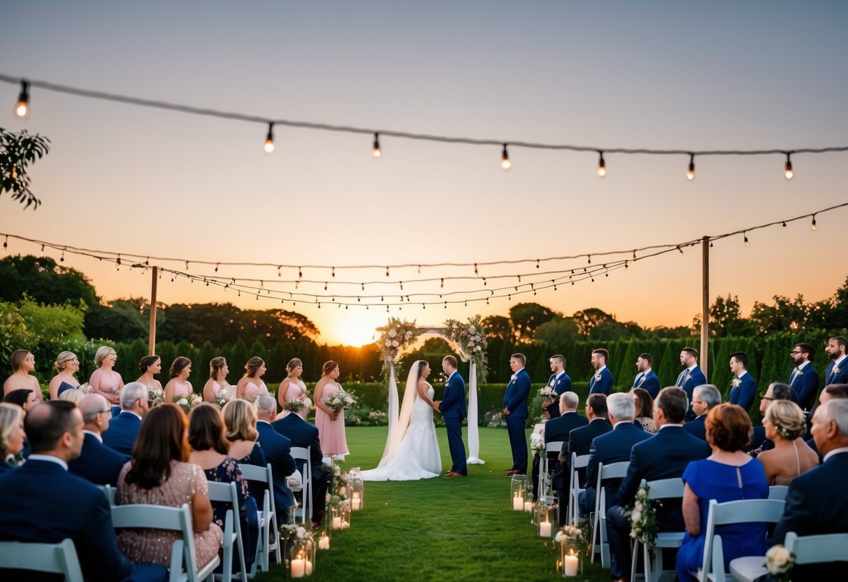 A sunset wedding ceremony in a garden setting with string lights and guests dressed in formal attire