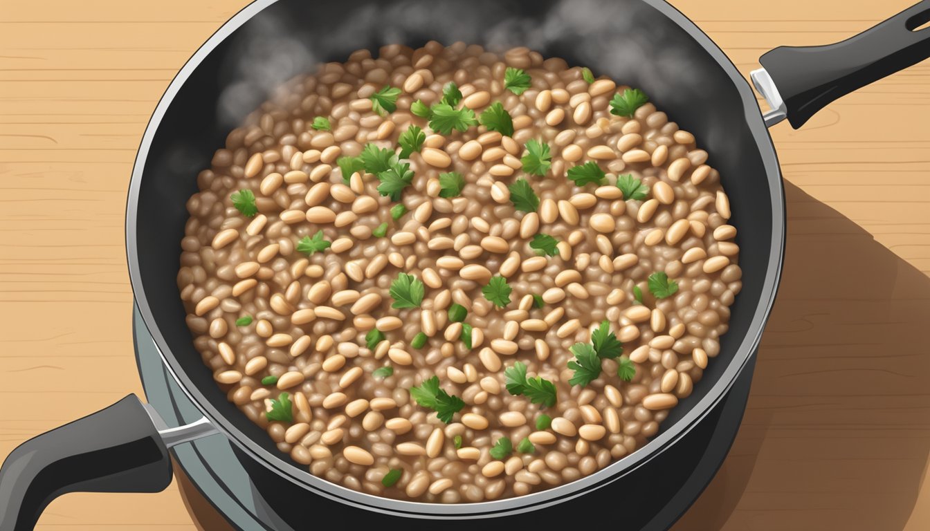 A pot of Hoppin' John being reheated on a stovetop, steam rising and the rice and black-eyed peas sizzling in the pan