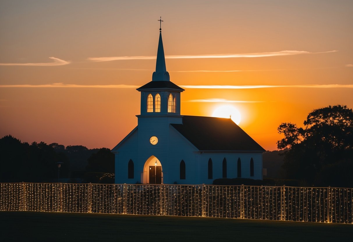 A golden sun setting behind a silhouette of a church with twinkling lights, indicating a late afternoon wedding