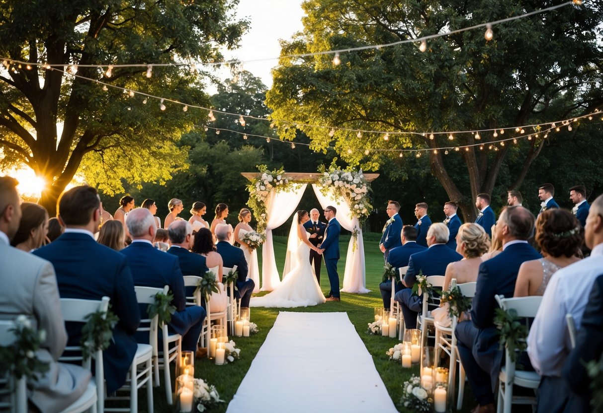 A picturesque outdoor wedding ceremony at 4pm with warm sunlight streaming through the trees, followed by a beautifully decorated evening reception with twinkling lights and a romantic ambiance