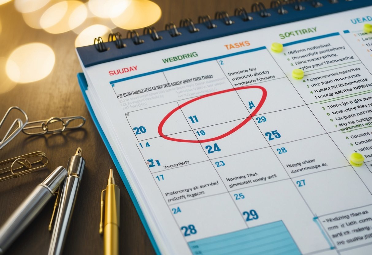 A calendar with wedding date circled, surrounded by work-related tasks and deadlines