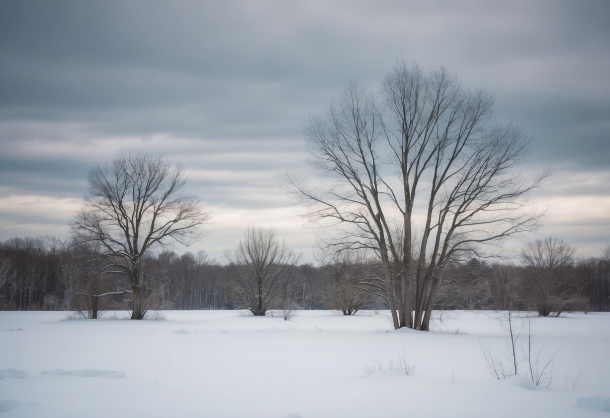 A desolate winter landscape with bare trees and a gray, overcast sky