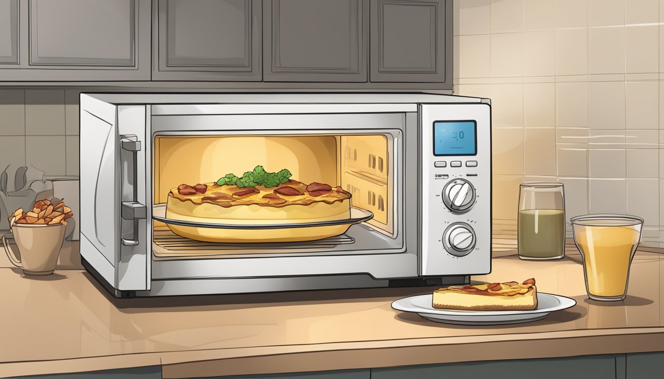 A microwave with a plate of gruyere and bacon quiche inside, steam rising from the hot food