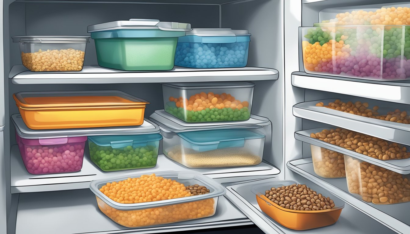 A colorful array of leftover containers neatly organized in a refrigerator, with a steaming bowl of hoppin john being reheated in the microwave