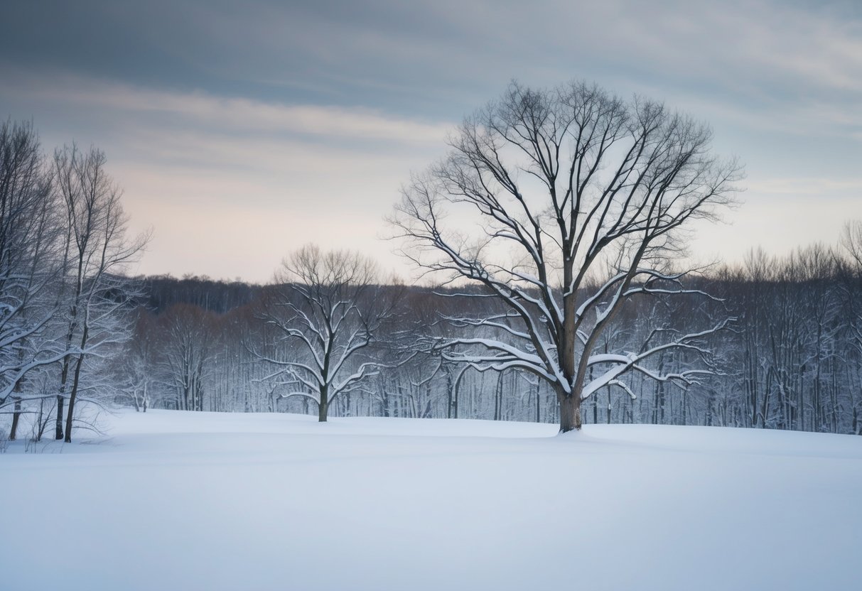 A barren, snow-covered landscape with leafless trees and a gray sky, indicating the least popular month for weddings