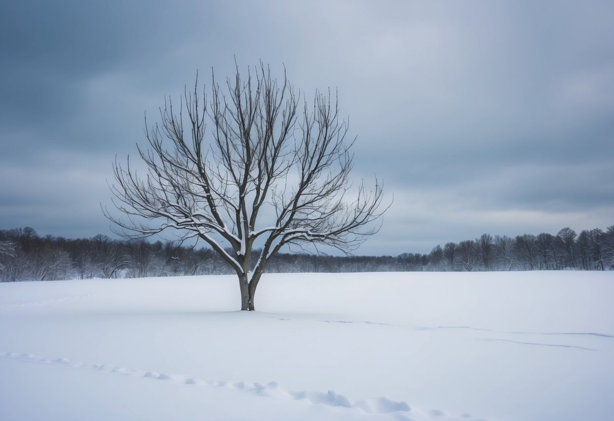 A desolate, snow-covered landscape with a barren tree and gray skies, representing the least popular month for weddings
