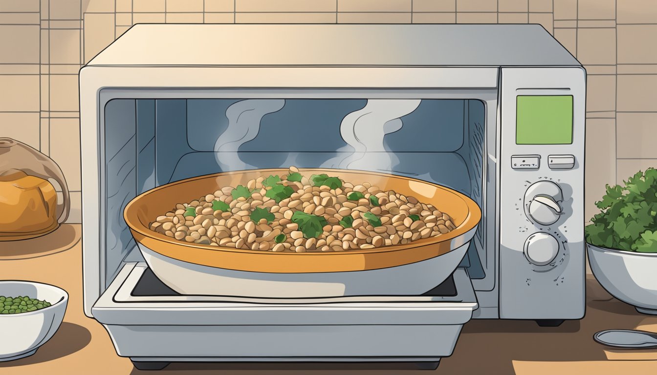 A steaming bowl of Hoppin' John being reheated in a microwave