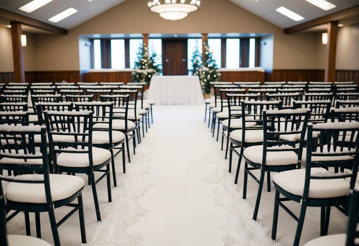 A deserted wedding venue in January, with snow-covered chairs and empty aisles