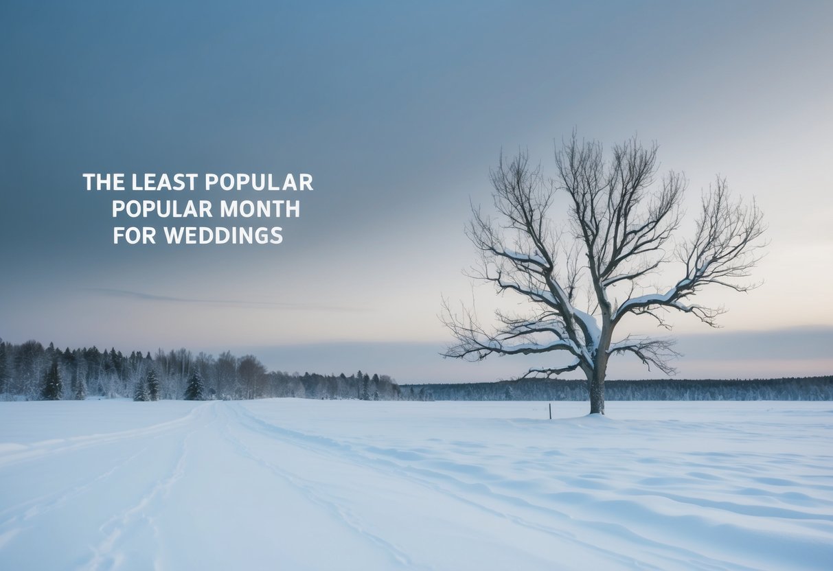 A desolate, snow-covered landscape with a barren tree and grey skies, indicating the least popular month for weddings