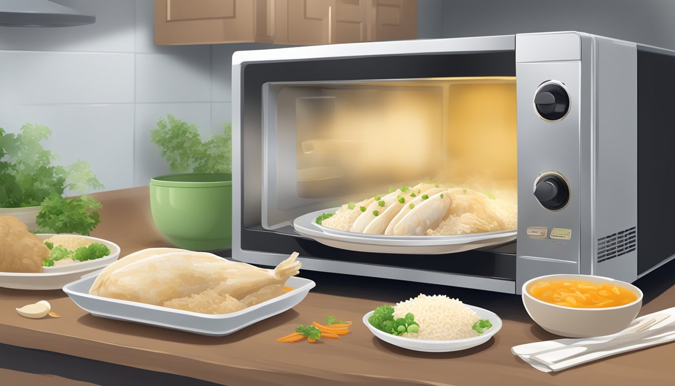 A steaming plate of Hainanese chicken rice being gently reheated in a microwave. The aroma of ginger and garlic fills the air