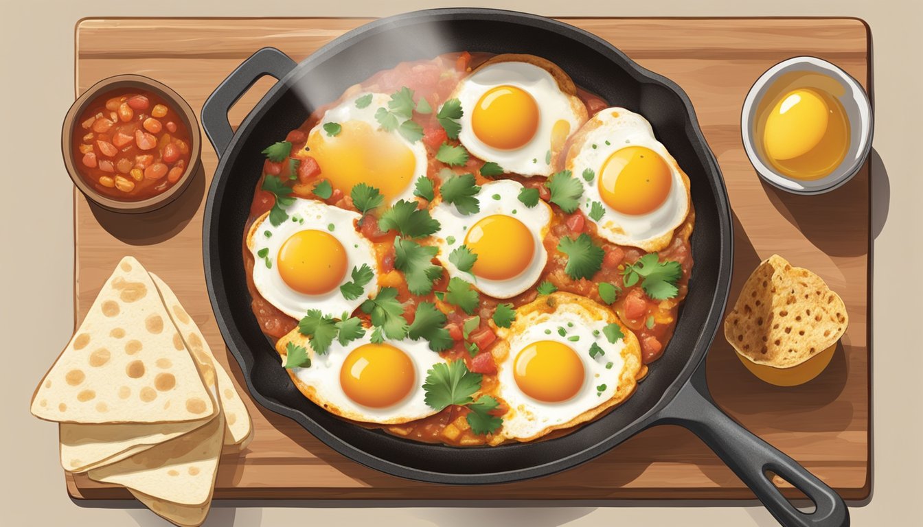 A plate of huevos rancheros being reheated in a skillet on a stovetop, with the eggs, salsa, and tortillas sizzling as they warm up