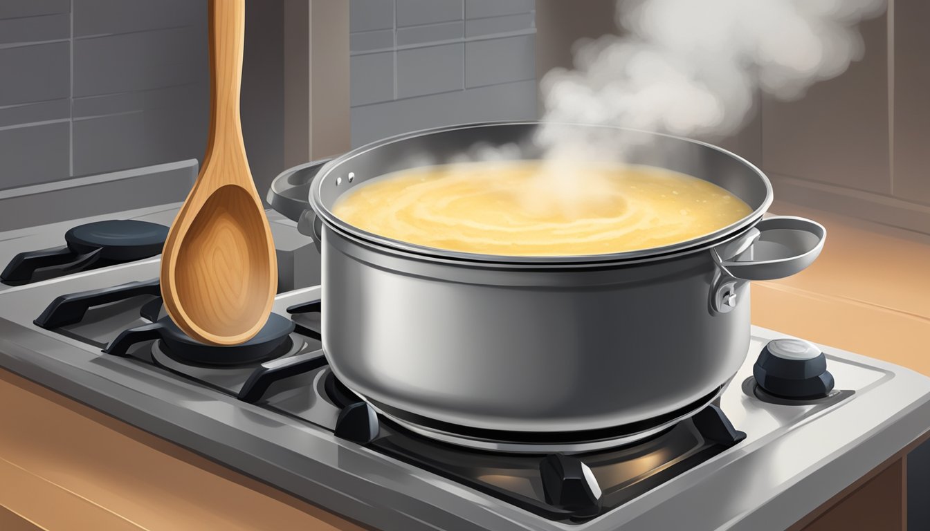 A pot of creamy grits being gently reheated on a stovetop, with steam rising and a wooden spoon stirring the mixture