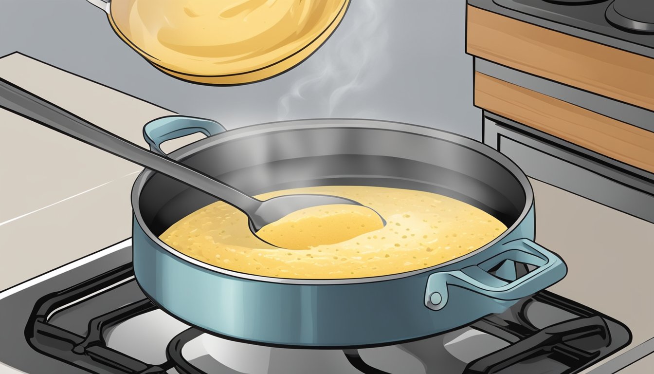 A pot of creamy grits being gently reheated on a stovetop, with a spoon stirring the mixture to ensure a smooth texture