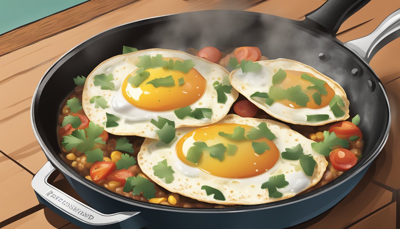 A skillet with sizzling huevos rancheros being reheated on a stovetop