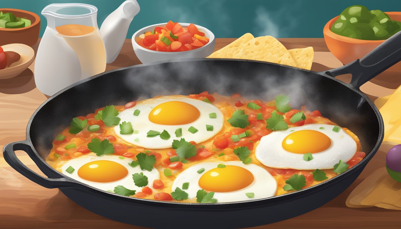 A steaming plate of huevos rancheros being carefully reheated in a skillet, with the vibrant colors of the eggs, salsa, and tortillas shining through