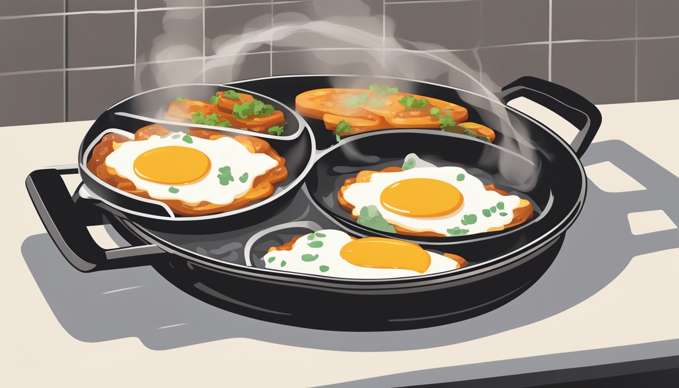 A plate of huevos rancheros being heated in a skillet on a stovetop, with steam rising from the sizzling eggs and sauce