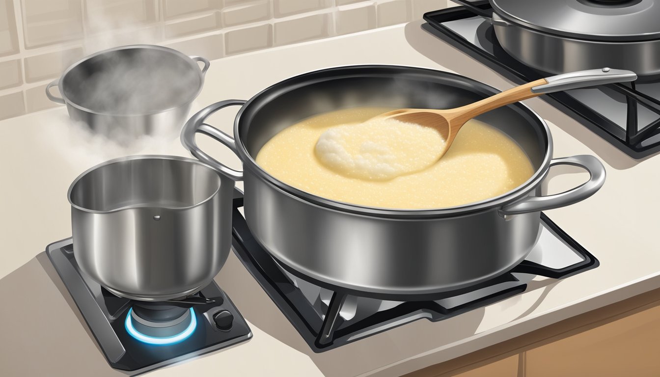 A pot of creamy grits being gently reheated on a stovetop, with steam rising and a wooden spoon stirring them to maintain their smooth texture