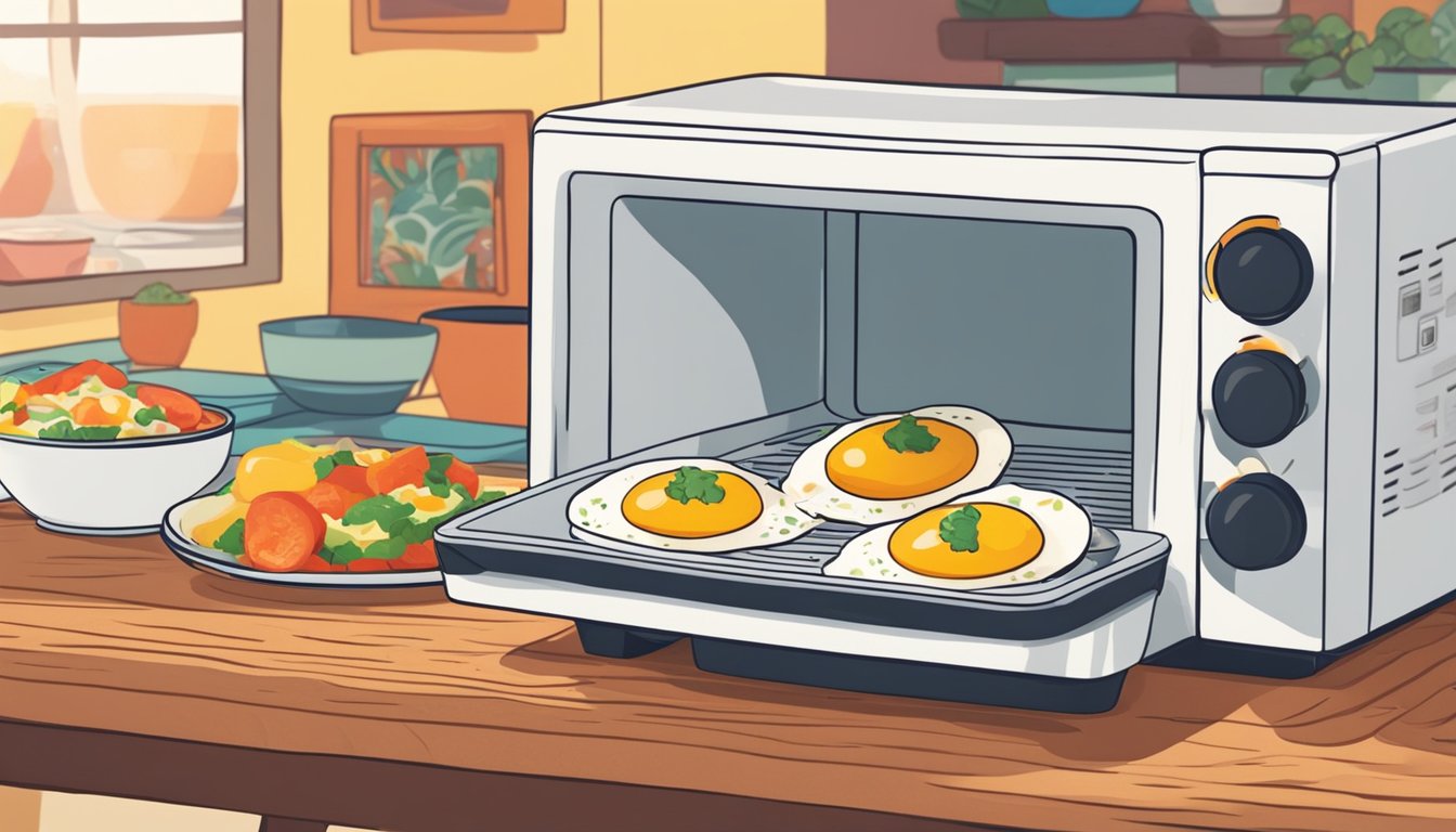 A person using a microwave to reheat huevos rancheros in a colorful, patterned ceramic dish on a wooden table