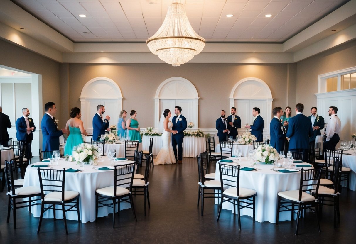A wedding reception hall with empty tables, a few guests chatting, and the bride and groom still present at the head table
