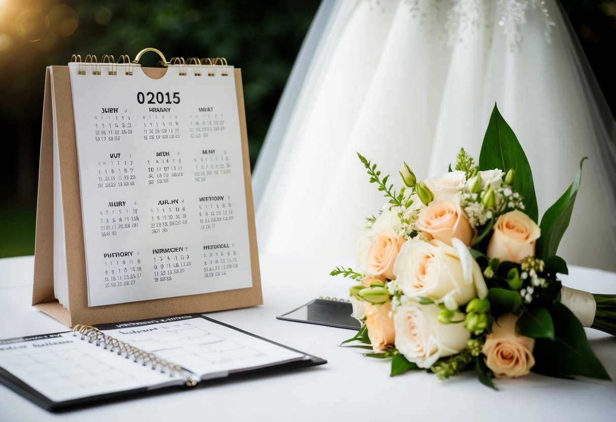 A calendar with dates circled, a wedding dress, and a bouquet of flowers on a table