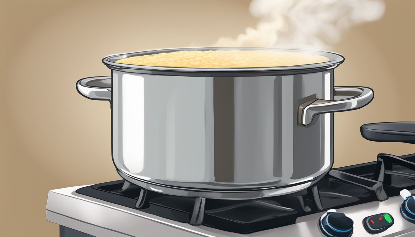 A pot of creamy grits being gently reheated on a stovetop, with a steam rising from the surface