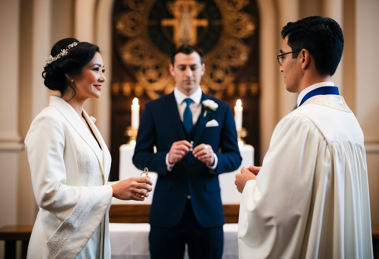 A figure stands before an altar, holding a ring. Another figure faces them, waiting to respond