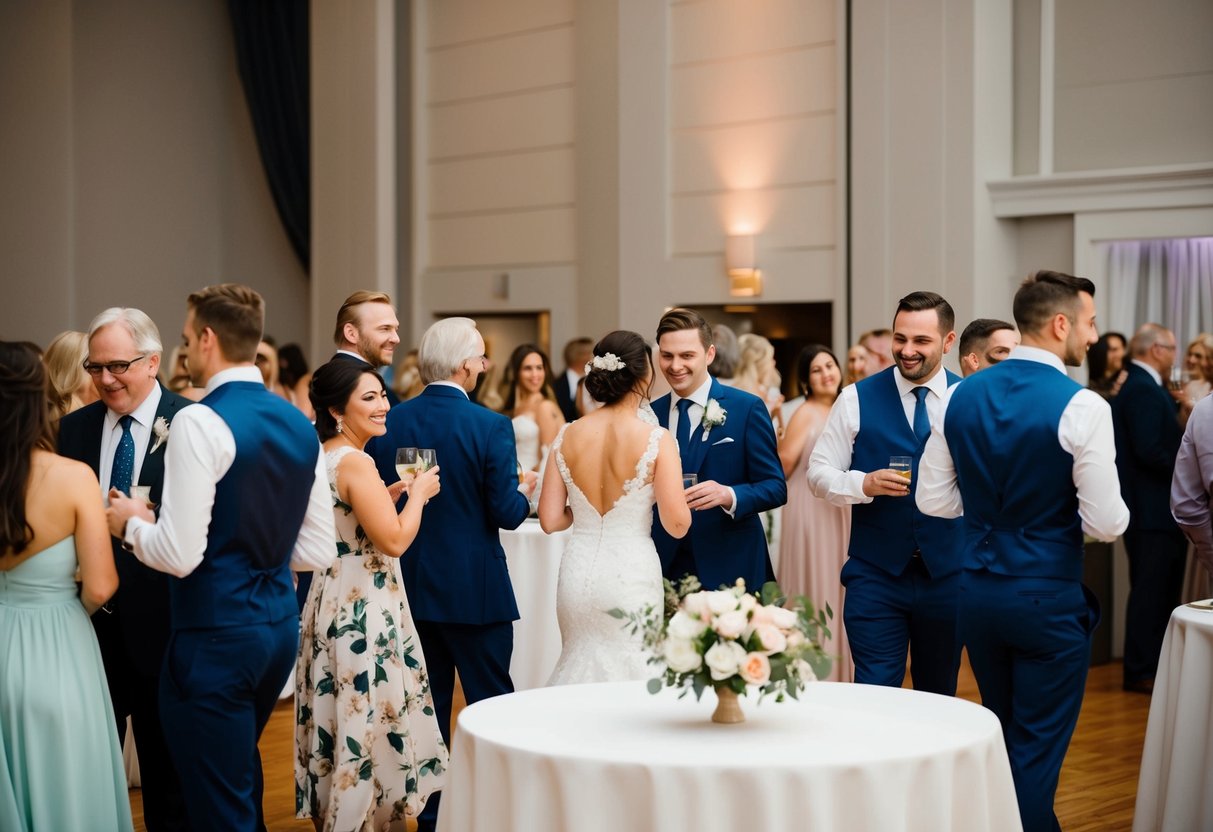A wedding reception with guests mingling, some leaving early, while the bride and groom are still present