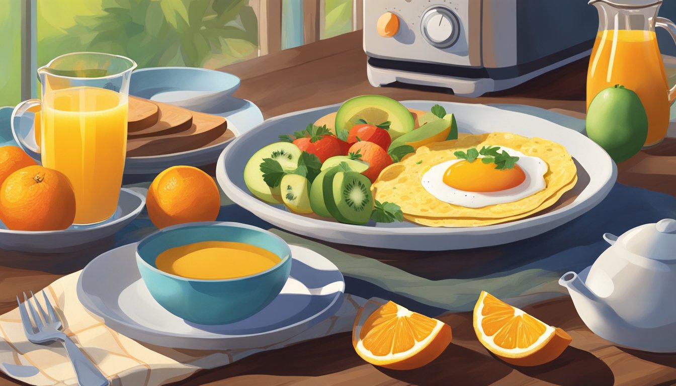 A steaming plate of huevos rancheros sits next to a colorful array of fresh fruits and a pitcher of cold orange juice. A microwave hums in the background