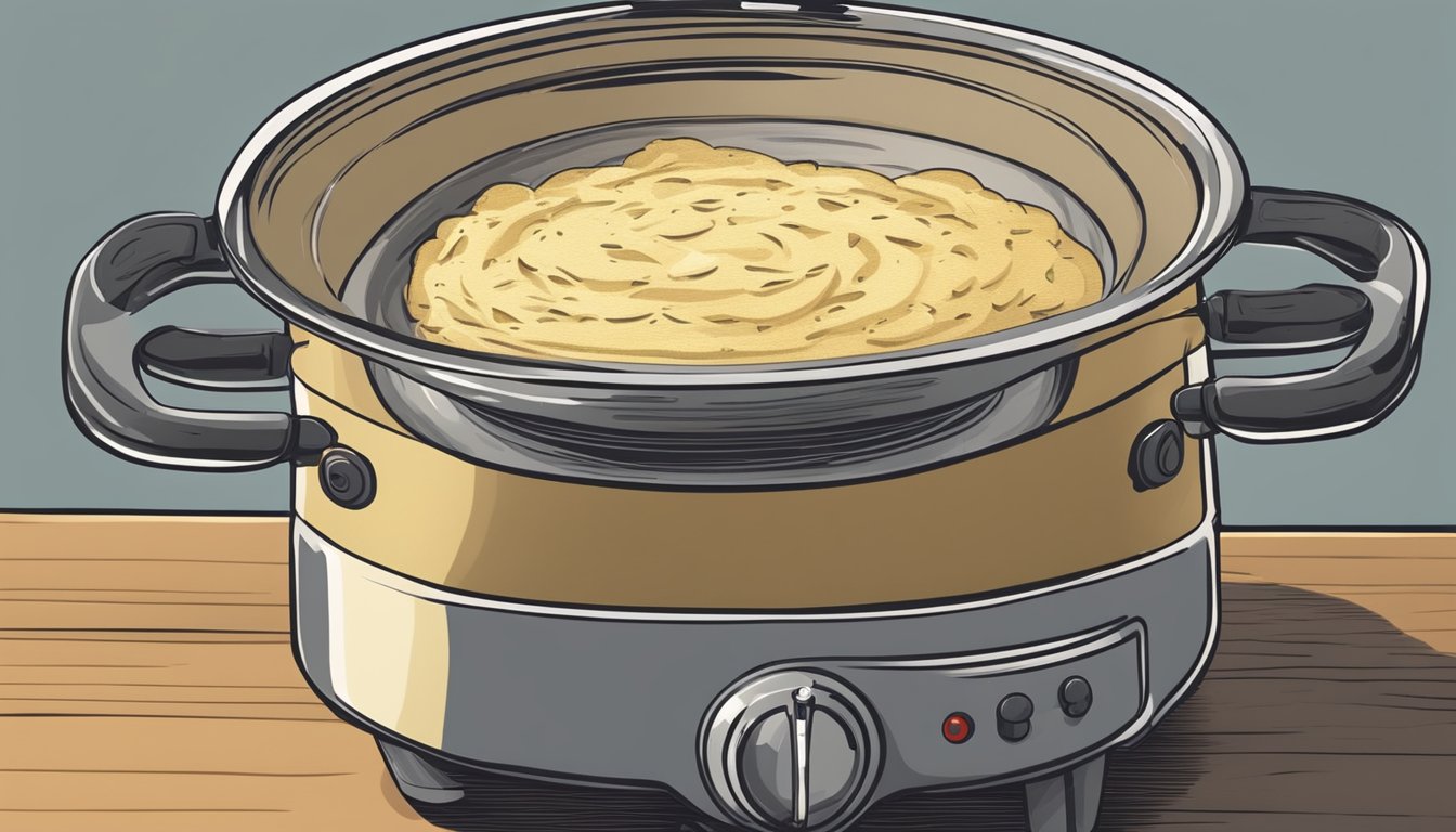 A pot of creamy grits being reheated on a stovetop, with a spoon stirring them to achieve a smooth and creamy consistency. A container for storing the leftover grits sits nearby