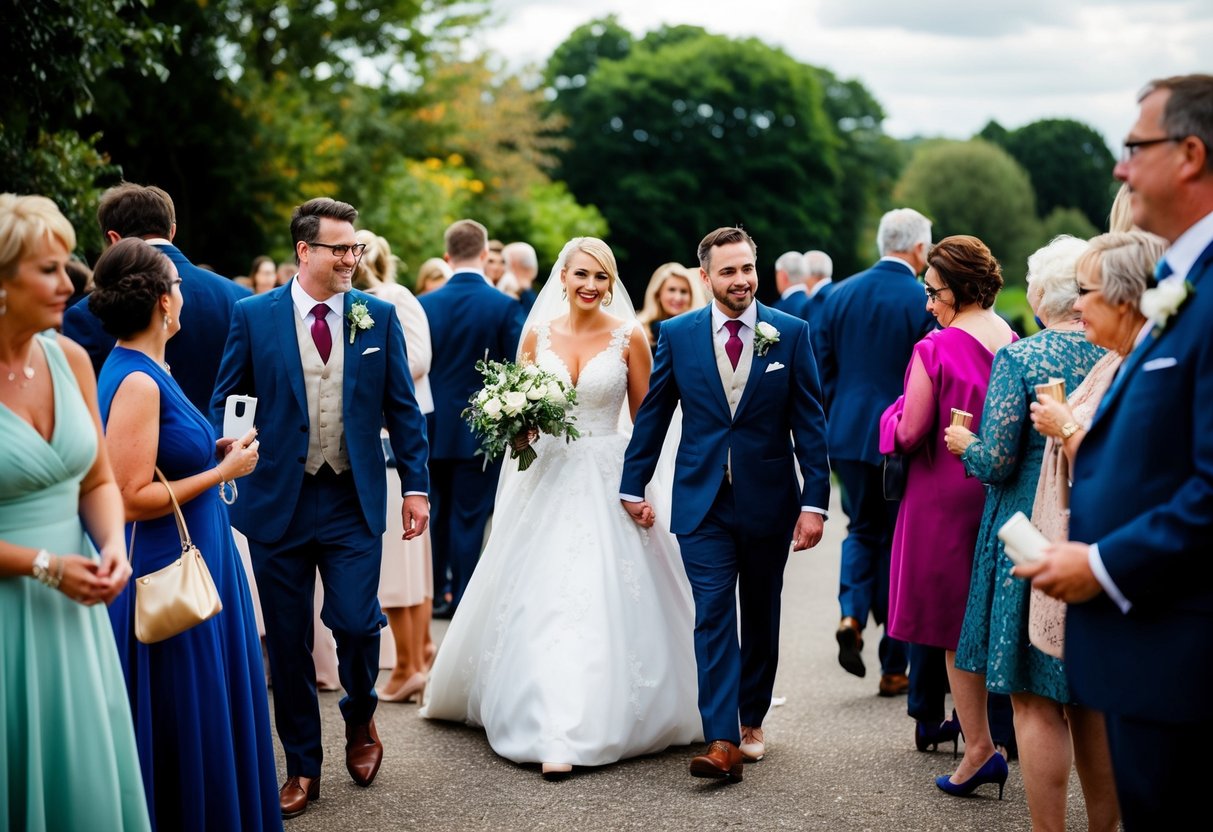 Guests departing as the bride and groom prepare to leave, a few lingering stragglers chatting and saying their goodbyes