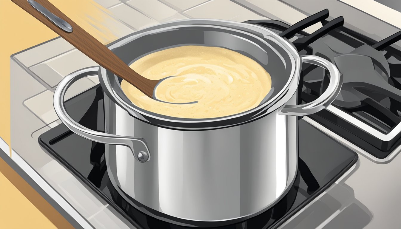 A pot of creamy grits being reheated on a stovetop, with a spoon stirring them to ensure they remain smooth and creamy in texture