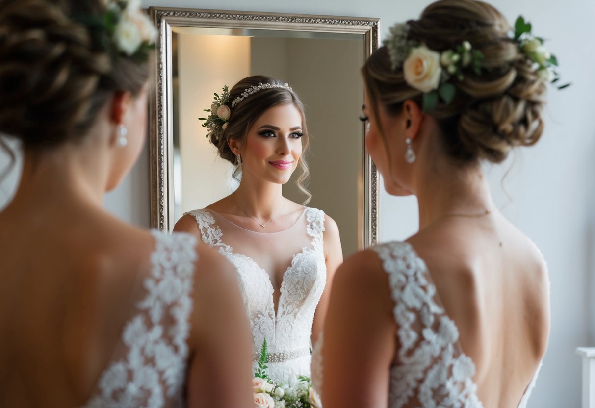 A bride with her hair up, adorned with flowers, gazes at herself in a mirror