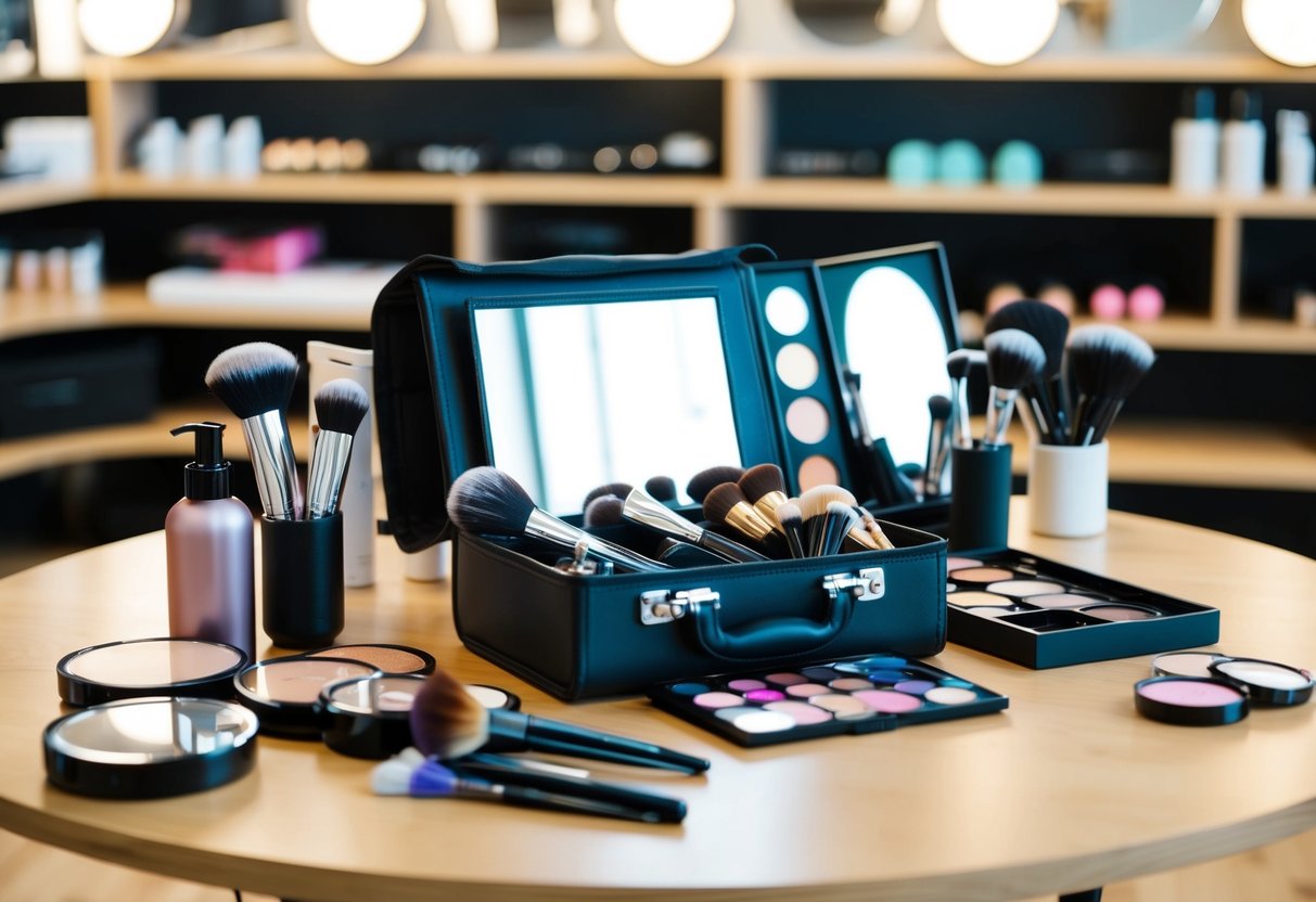 A makeup artist's kit open on a table, with brushes, palettes, and mirrors, surrounded by hair styling tools and products