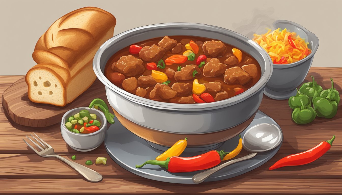 A steaming bowl of Hungarian goulash sits on a rustic wooden table, surrounded by colorful paprika peppers and a loaf of crusty bread