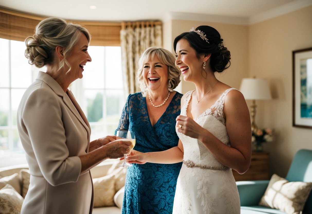 A mother-in-law and bride prepare together, sharing laughter and anticipation in a cozy, sunlit room