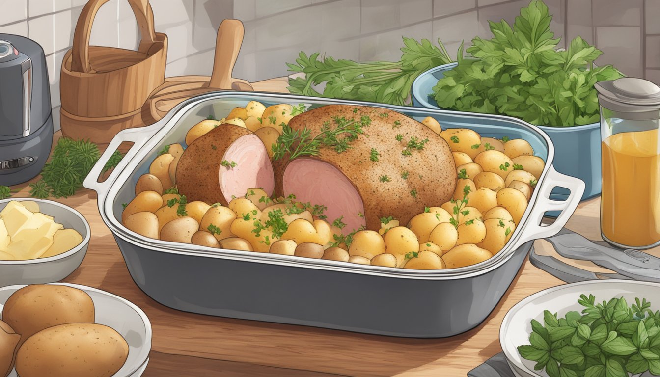 A steaming ham and potato casserole sits in a glass baking dish, surrounded by fresh herbs and spices. A microwave or oven is nearby