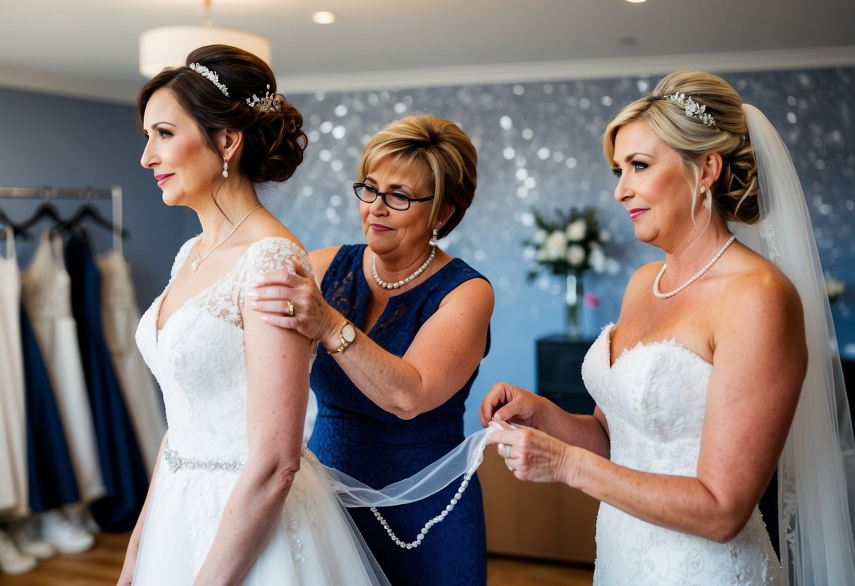 A mother-in-law helps the bride with her wedding dress and accessories, offering support and guidance during the preparations